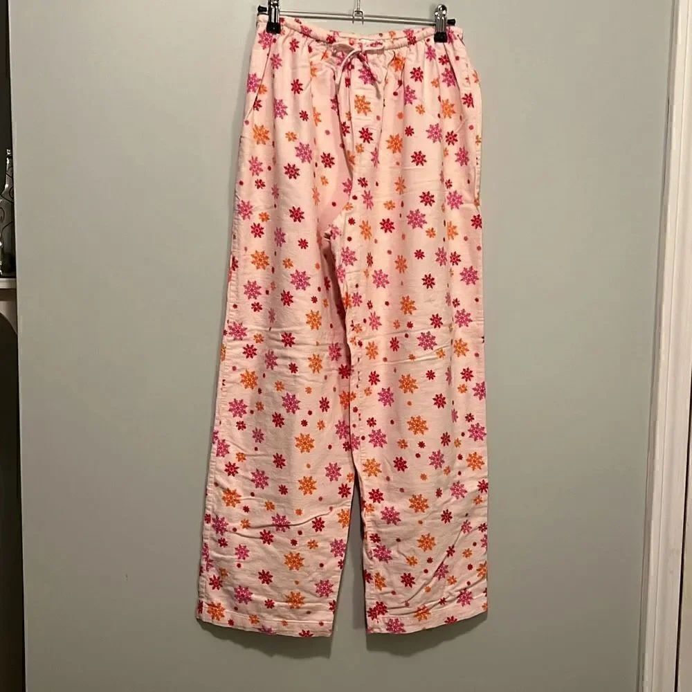 Women's Pink and Orange Snowflake Flannel Cotton Pajama Pants